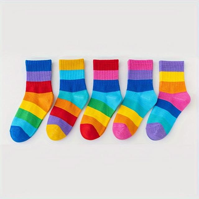 TEMU 5-pairs Kids' Rainbow Striped Mid-calf Socks - & Multicolor (,,,,) - Soft & - Casual Outfits - Hand Wash Care