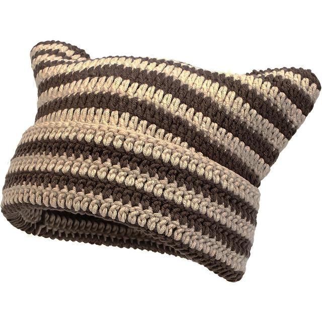 TEMU 男女兼用のかわいい猫耳帽子、冬用暖かいストライプアクセサリー、秋冬のカップルにのギフト、韓国風リトルデビルストライプ帽子、子供用同スタイルの猫耳かわいい先細帽