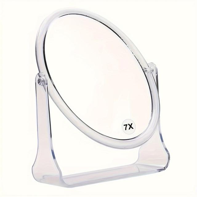 TEMU 7x Magnification Double-sided Makeup Mirror With Holder, 360° Rotatable, , Transparent Plastic, , 7-inch Desktop Mirror For Makeup Application