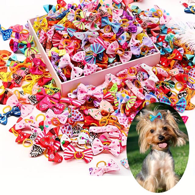 TEMU 50pcs Of Assorted Pet Hair Additions - Elastic Hairbands With Bow Ties For Cats And Dogs, Designed In A Creative