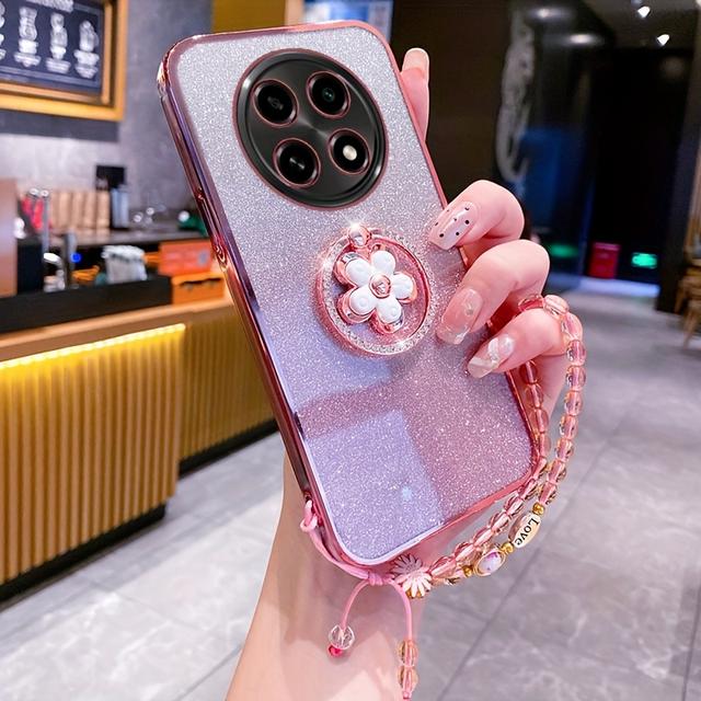 TEMU Gradient Glitter Flower Stand + , Suitable For Huawei Nova12i/nova13i Phone Case, Fully Protective And Stylish High-end Design, Includes A Free Bracelet And A Protective Case With Stand