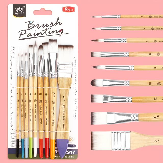 TEMU 9pcs Wood Handle Paint Brush Set, Soft Nylon Bristles, Versatile For Acrylic, Oil, Watercolor & Gouache, Durable Detail Brushes For Artists And Hobbyists