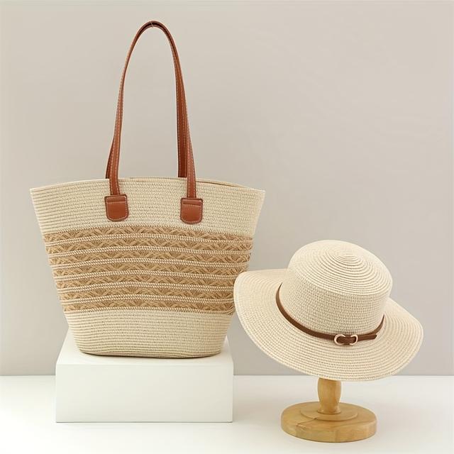 TEMU Women's Stylish Straw Sun Hat With Ribbon And Tassel - Breathable, Woven, Non-stretch, Beach And Summer , Beach Accessories | Stylish Sun Hat | Ribbon Decorated Hat