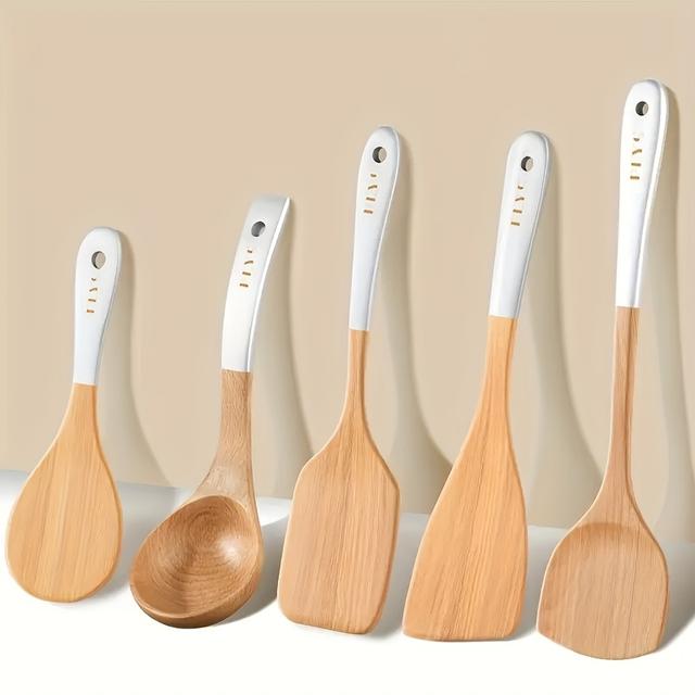 TEMU 5pcs Silvery Handle Beech Wood Kitchen Utensil Set - Including Multifunctional Spatula, Spoon, Pan Frying Spatula, Slotted Spatula, Spatula. Faridabio
