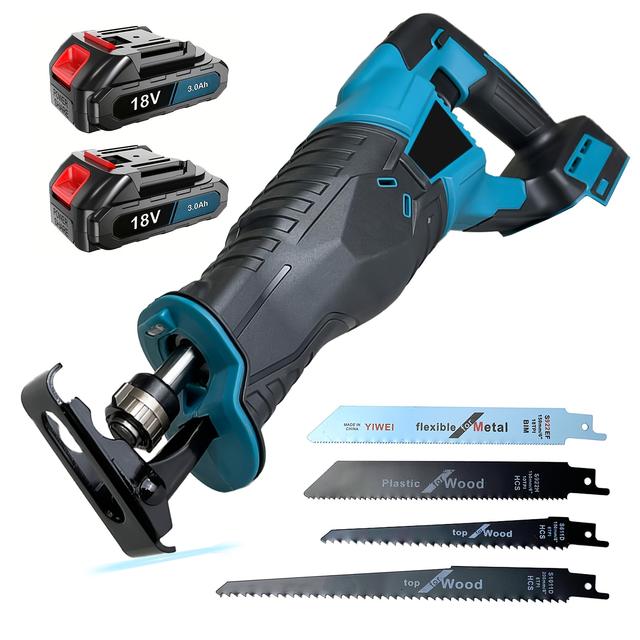 TEMU Scie Électrique Fil 18V à Vitesses 0-3000RPM avec 4 Lames de Scie, Scie Électrique Balais pour Coupe Bois/Métal/PVC (2 Batteries Non Incluses)