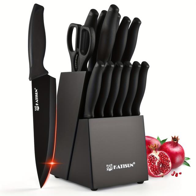 TEMU 15pcs Professional Kitchen Set | Black Wooden Block, Non-slip Abs Handle, Carbon Steel , 19 Inch Blade Length, Natural Black , For Family And Restaurant Use, Local Warehouse