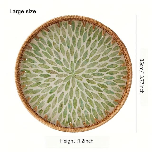 TEMU 1pc Natural Handmade Round Rattan Tray Rattan Cutlery Tray With Wooden Base, Green Leaf Model,fresh And Simple, Used For Table Decorations Placement Of Coffee Non-food Contact, Non-food Contact