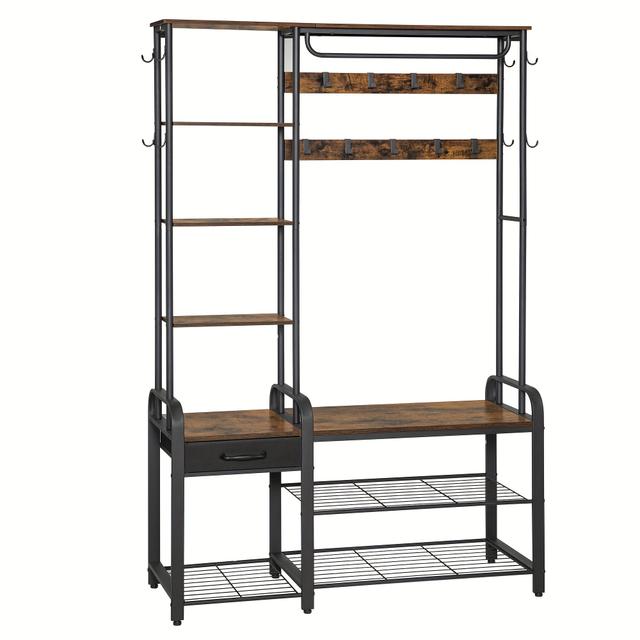 TEMU Coat Stand With Bench, Coat Rack With 3-tier Shoe Bench, 1 Drawer, Clothes Rack With 17 Hooks, 1 Hanging Bar, 4-tier Side Shelves, 40 X 120 X 182 Cm, Brown And Black