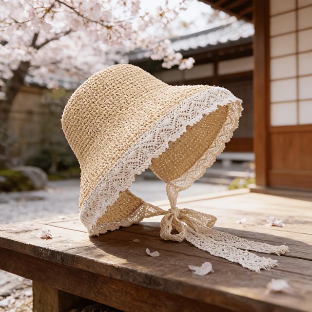 TEMU レーストリム ストロー編み つば広サンハット レディース 夏用 通気性 日焼け止めハット 折りたたみ式ビーチハット リボン装飾 バケーションハット