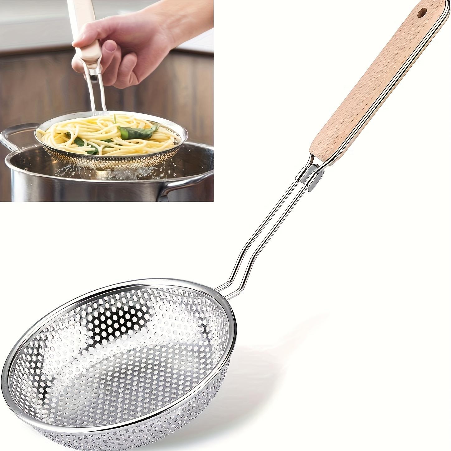 TEMU 1 [stainless Steel Wooden Handle Skimmer] Fine Mesh Colander Kitchen Grease Filter Commercial Household Noodle Pasta Colander High Temperature Anti-scalding Cooking Utensil ( For 4 )