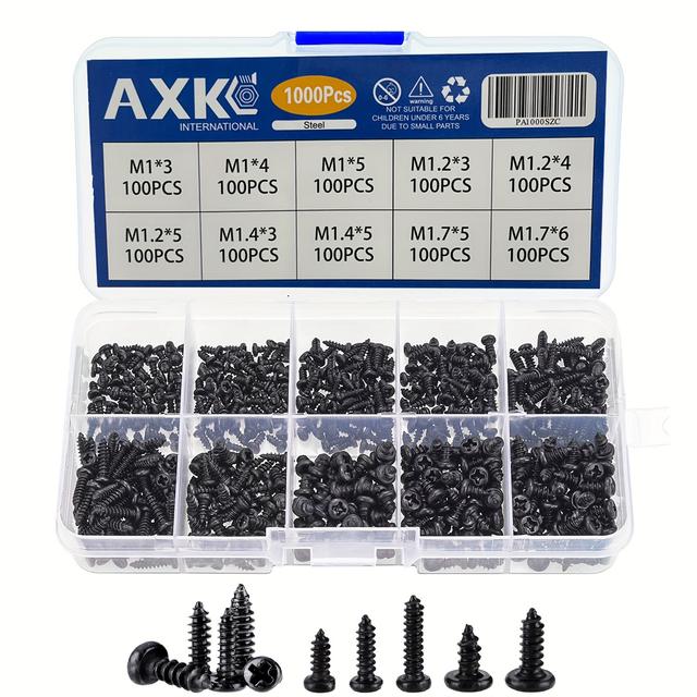 TEMU 1000pcs M1 M1.2 M1.4 M1.7 Phillips Cabeza Redonda Autorroscante Tornillo Pequeño Tornillos Micro Tornillos Electrónicos Pernos Pequeños Negros Tornillos de Madera Kit
