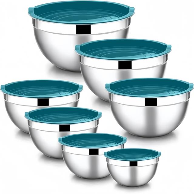 TEMU 14pcs (7pcs Mixing Bowl + 7pcs Lid)stainless Steel Mixing Bowl Set With Airtight Lids - Rust-proof, Baking, Cooking & Food Prep - Blue/khaki/red, Sizes 0.5qt To 4qt