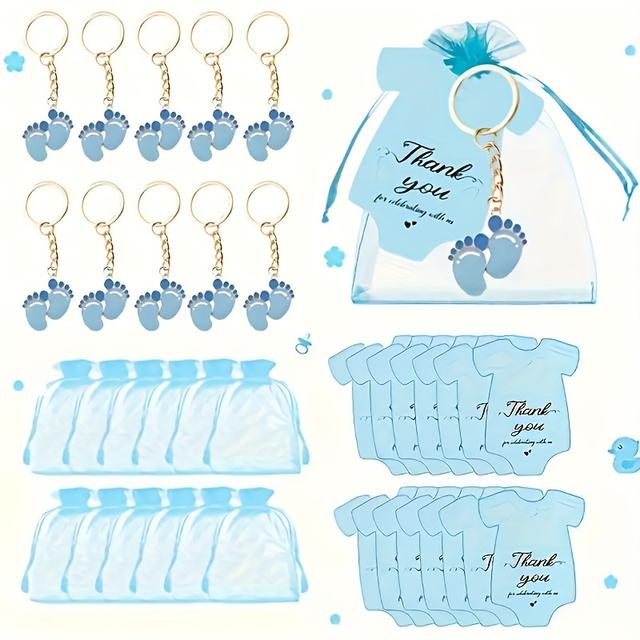 TEMU Regalo para Ella/Él, Set de Regalo Adorable de 45 piezas con llaveros de huellas azules - Perfecto para cualquier ocasión, Incluye 15 llaveros, 15 etiquetas con forma de ropa bolsas con cordón