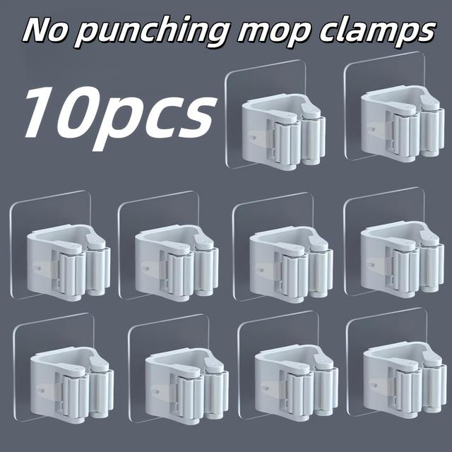 TEMU 10-pack moppkrokar, borrfria, kraftiga självhäftande vägghängare, väggmonterade, klämmor för toalettborste och mopp, klämmor, förvaringsorganisatör, mångsidiga krokar