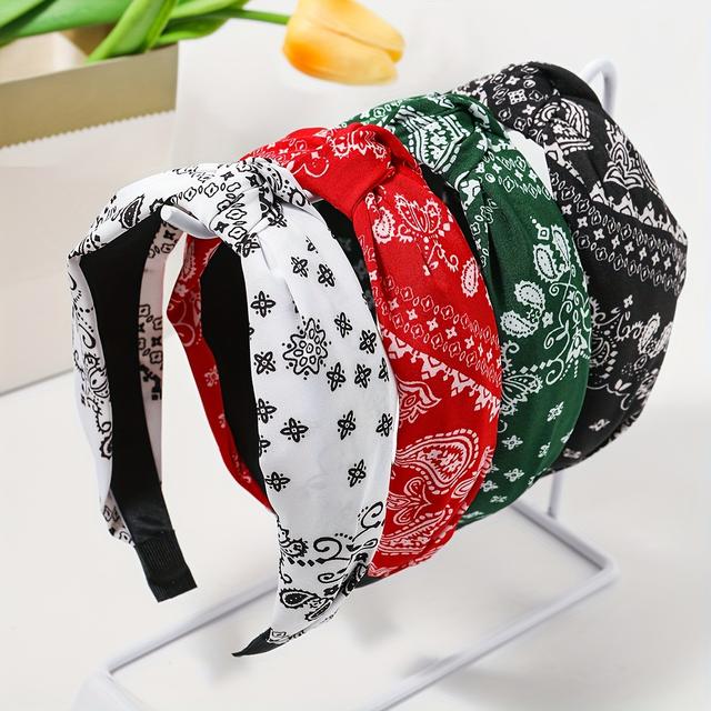 TEMU Set Of 4 Stylish Bohemian Hairbands For Women - Multicolored Paisley Design, Wide Daily Wear Headbands With Knot Feature