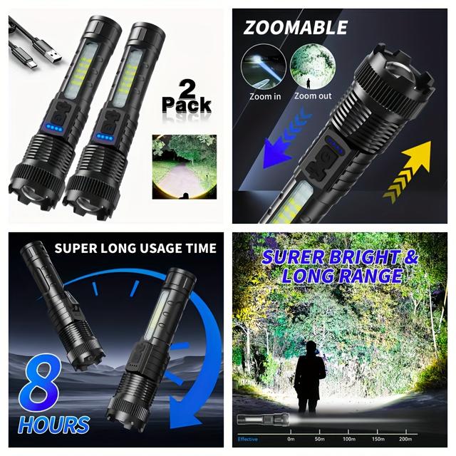 TEMU 2個セット 充電式ズーム機能付き超明るい懐中電灯 緊急停電用 アウトドアキャンプ・対応 多機能LEDバッテリー充電式 6つのライトモード搭載 USB-C接続可能 強力イト