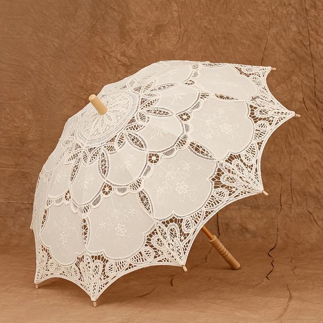 TEMU 1pc Large Vintage Embroidered Lace Umbrella For , Elegant Wooden Handle Umbrella For Sun Protection And Masquerade Party Props