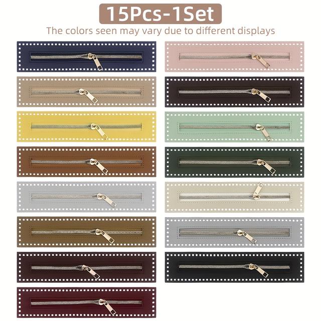 TEMU 15개 인조 PU 가죽 지퍼, 직조 가방 지퍼 테이프 (바늘 구멍 포함), 코바늘 가방 추가, 부드럽고 튼튼하며 내구성이 뛰어남, 15가지 다양한 색상으로 제공, 지갑, 의류 및 수납 가방 제작에 적합