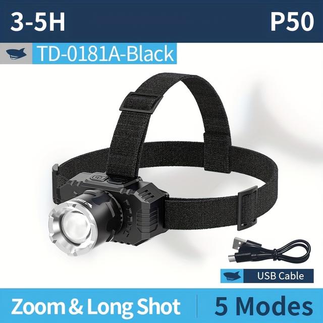 TEMU Smiling Shark Td0181 Xhp50 - -c Rechargeable Headlight With 5 , Zoomable Beam, 60° Adjustable Head & Headband, Ipx8-like ( Cable Included) For Camping, Hiking, Running, Fishing, Emergency