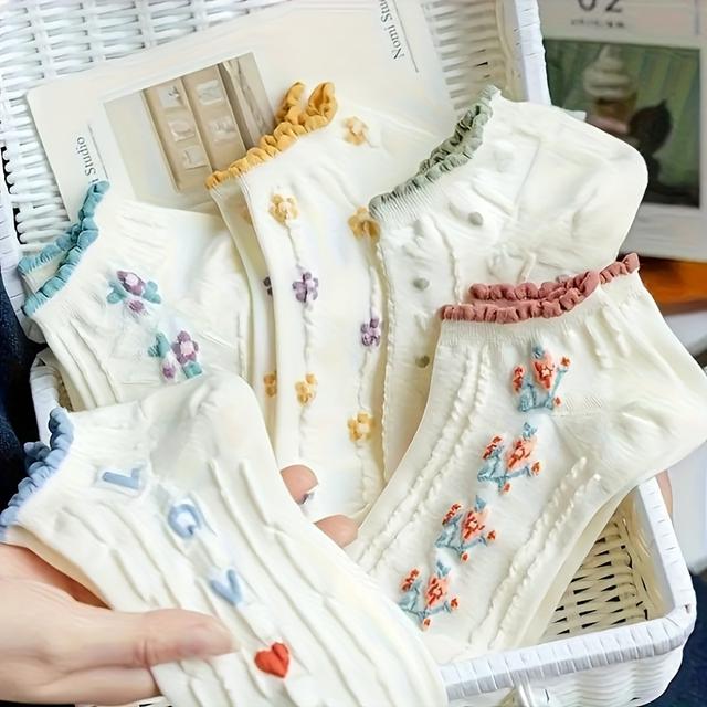 TEMU 5 pares de calcetines cortos casuales florales transpirables para mujer con estampados de letras, calcetines cómodos para