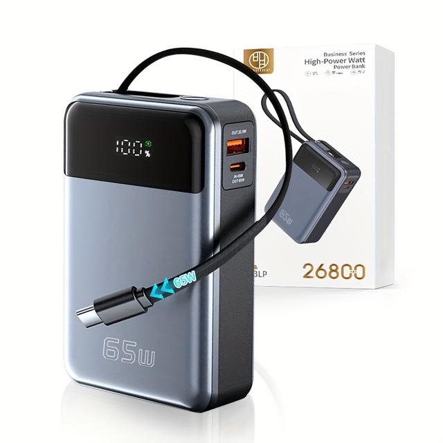 TEMU [超高速] 26800mAh 大容量オールインワン充電器 (PD65W) USB出力ポート、Type-E出力ポート、Type-C入力ポート付き。ビジネス出張や旅行中も不要。効率的な充電。