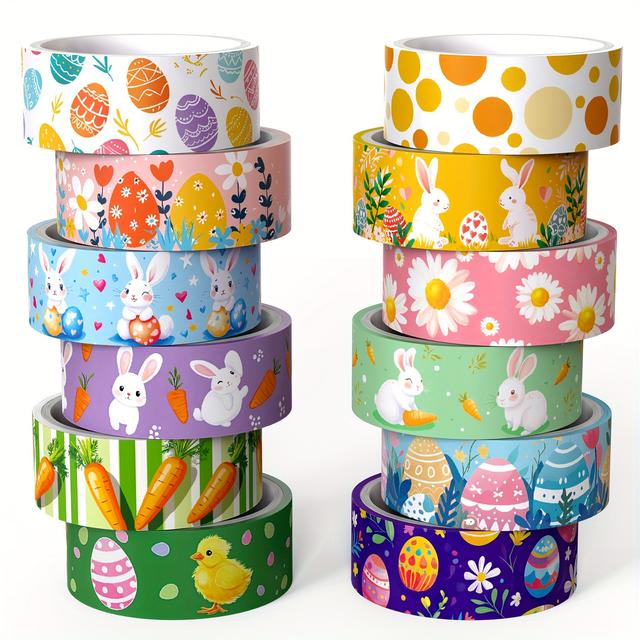 TEMU -Washi-Tape, 12 Rollen – Frühlingsfestliche Häschen-Eier-Deko-Klebeband in bunten Grüntönen mit süßen Hasen-, Küken- und Blumenmotiven für Journaling, Scrapbooking, Partys & DIY-Bastelprojekte