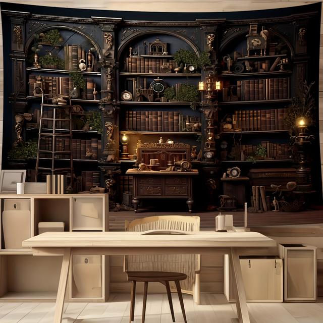 TEMU 2d Flat Vintage Library Bookshelf Banner - 240.03x179.83cm Polyester Wall Decor For Study, Dorm, Bedroom & Living Room - Classic Medieval Castle Design