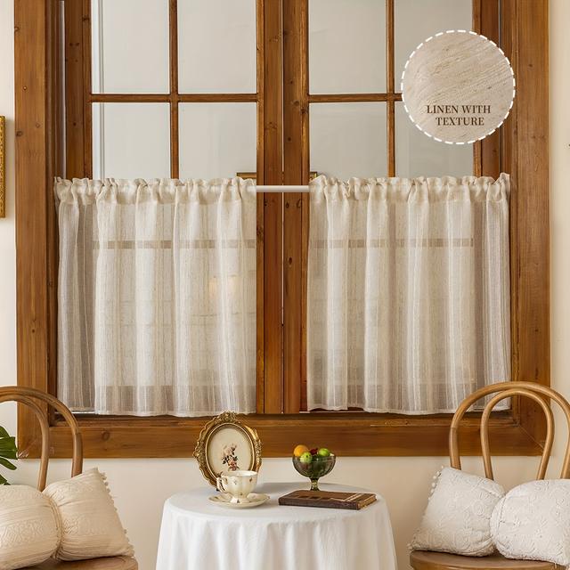TEMU 【1/2枚セット】リネン キッチン ショートカーテン、和柄ストライプ ショートカーテン、ロッドポケット式カーテンセット（ラタイル） - ドレープ1枚、カフェカーテン2枚入り。キッチン、カフェ、リビングに最適