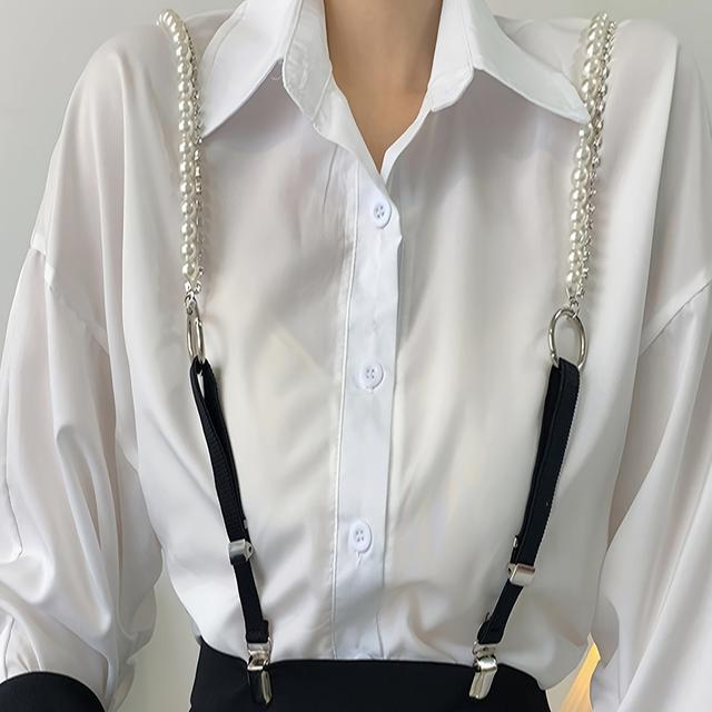 TEMU A Women's Pearl And Rhinestone Chain Strap Clip, A Stylish And Versatile Elastic Suspenders For Outerwear.