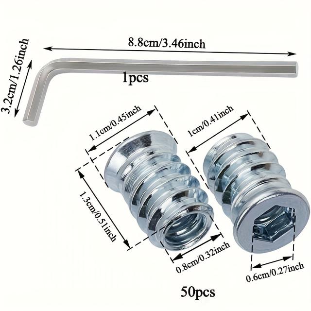 TEMU 50 db Menetes Betétes Anyák, M6*13mm Csavaros Fa Beillesztők, 1db Hatlapú Kulcs Kiegészítővel Bármilyen Fából Készült Bútornak