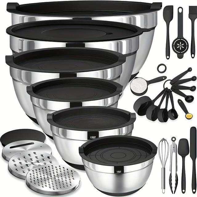 TEMU 18pcs Stainless Steel Mixing Bowl Set With Sealing Lids, Grater Attachment, And Non-slip Bottom For Mixing And Serving