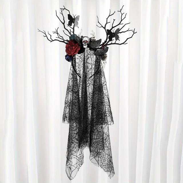 TEMU 1pc Women's Black Rose Skull Large Root Double-layer Spider Web Tulle Party Headband For Halloween Costume Accessory, Non-battery Bridal Veil Headband