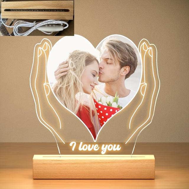 TEMU Custom Photo Frame With Night Light | Personalized, Polished Wood Base, Led Clip-on Light, Usb Powered, And Yellow Colors, For Anniversary, Valentine's Day, Birthday, New Year Gifts