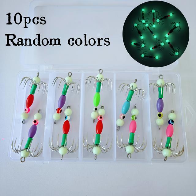 TEMU 10pcs/set Luminous Squid Hooks | Stainless Steel Squid Lures With Squid Clamp Hooks For Saltwater And Freshwater Fishing