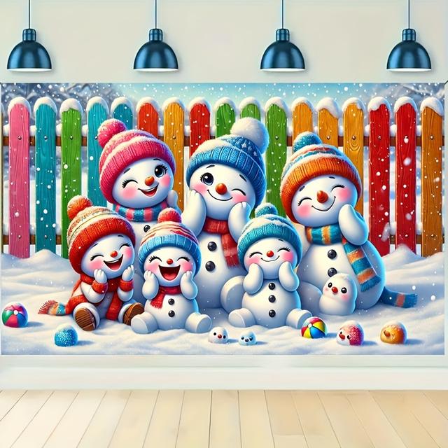 TEMU Snowman Family Winter Banner: Fence And Snowy Scene Design, 70.87*43.31inch, Holiday Backdrop Decoration, Photo Prop Supplies