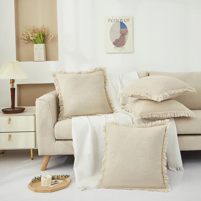TEMU Vintage-inspirierter Leinen-Zierquaste-Kissenbezug - Wendbar, mit Reißverschluss, maschinenwaschbar, einfarbig, ideal für Wohn- und Schlafzimmerdeko, dekorative Kissen