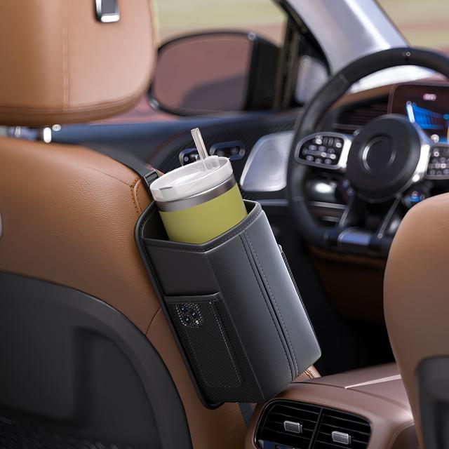 TEMU 【製品タイトル】フェイクレザー製のサイド収納。ティッシュディと、スマホ、ペン、鍵用のメッシュホルダー付き。家族用SUV、コンパクトトラック、セダンに最適。車内装飾に。