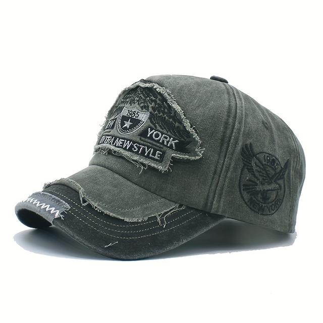 TEMU Men's Vintage Washed Baseball Cap With Eagle Embroidery - Adjustable Snapback, Black With Logo, Breathable Textile Fabric For Outdoor Fishing & Casual Wear, Fishing Hat, Adjustable Headgear