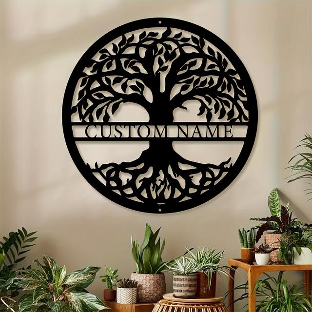 TEMU งานศิลปะติดผนังต้นไม้ของชีวิตโลหะสแตนเลส 1 ชิ้น, ลายต้นไม้ของชีวิตชื่อบุคคล, สไตล์ฟาร์มเฮาส์ ตกแต่งผนังโลหะกลางแจ้ง, แผ่นชื่อบุคคลที่สามารถปรับเปลี่ยนได้, ไม่ต้องใช้ไฟฟ้าสำหรับระเบียง, ระเบียง,