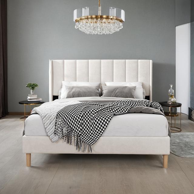 TEMU 1 Set Wholesale Upholstered Bed Frame Full Size (beige) With Headboard Mattress Foundation Strong Wooden Slats Support (54in/137cm*76in/193cm)