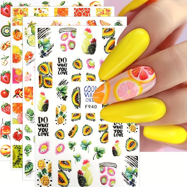 TEMU 9 Sheets Self-adhesive Lemon Fruit Nail Stickers - Realistic Lemon & Citrus Decals With Resin Glossy, Irregular Lemon Nail Art For Diy /pedicures (single-use)