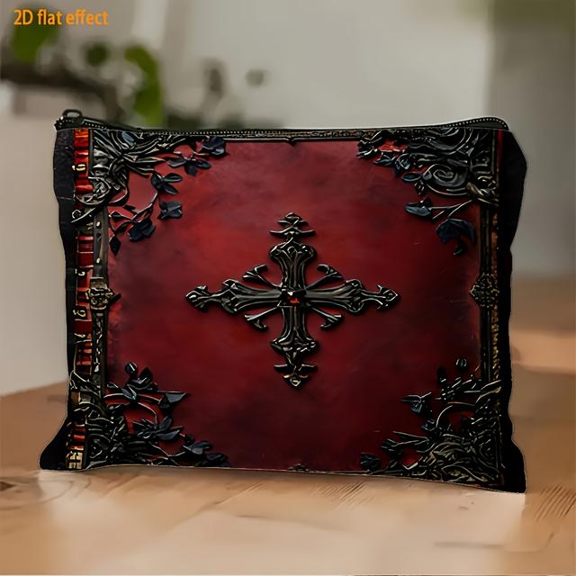 TEMU Vintage Gothic Design Sminkväska - Trendig Röd Och Svart Toalettväska, Lätt Kosmetikorganisatör, Lämplig för Handtvätt Eller Kemtvätt, Resväska för Toalettartiklar, Present till Halloween Och Jul