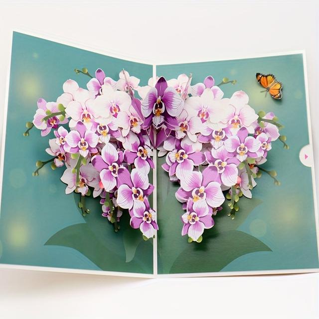 TEMU 1pc Elegant Purple Orchid 3d Pop-up Greeting Card With & - Ideal For Valentine's Day, Day, Birthdays, Anniversaries - Includes Personalized Message Space & Envelope, Card| Accent| , Flower Decor