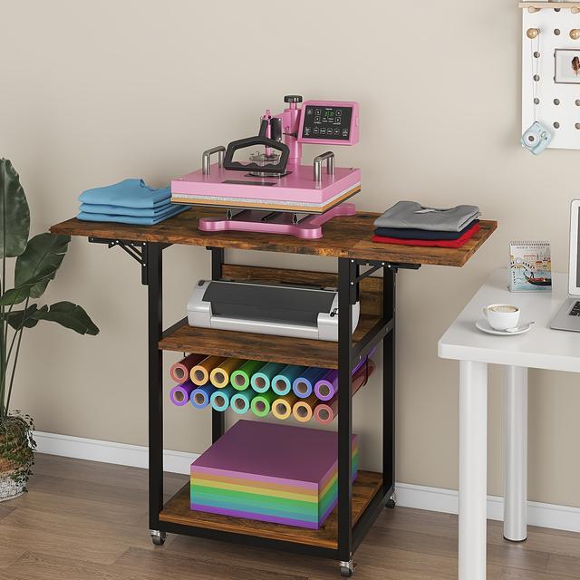 TEMU Foldable Heat Press Table, 3 Tier Movable Heat Press Stand With Vinyl Roll Holder, Heavy Duty Metal Shelf Cart For Diy Sublimation Transfer Machine And Printer, Brown