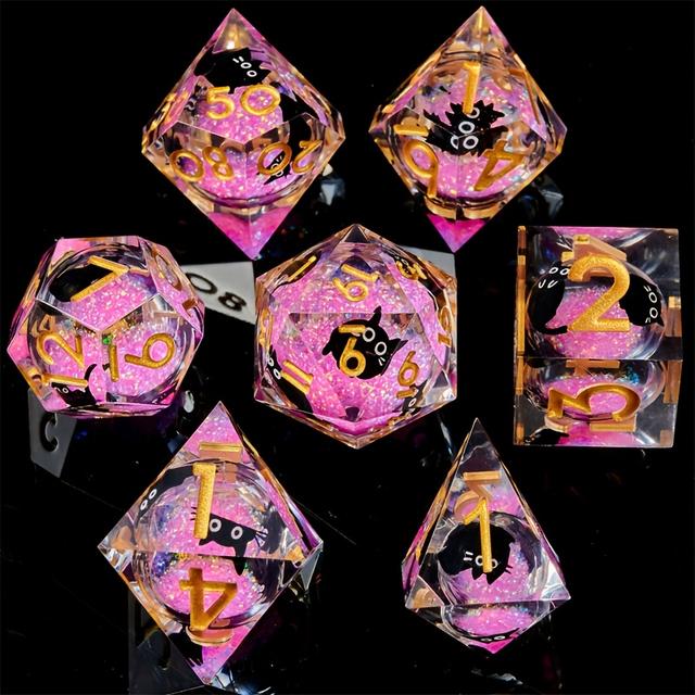 TEMU Cat-shaped Liquid Core Dice, Dice For Animal Dice, Resin Material D&d Cat-shaped D20 Dice, Galaxy Dice Set