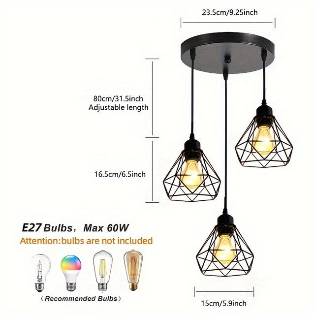TEMU 1pc Retro Industrial Style 3-light Hanging Pendant Light, E27 Bulb Base (without Bulb), Kitchen, Restaurant, Bar, Bedroom Halloween And Christmas Lighting Fixtures