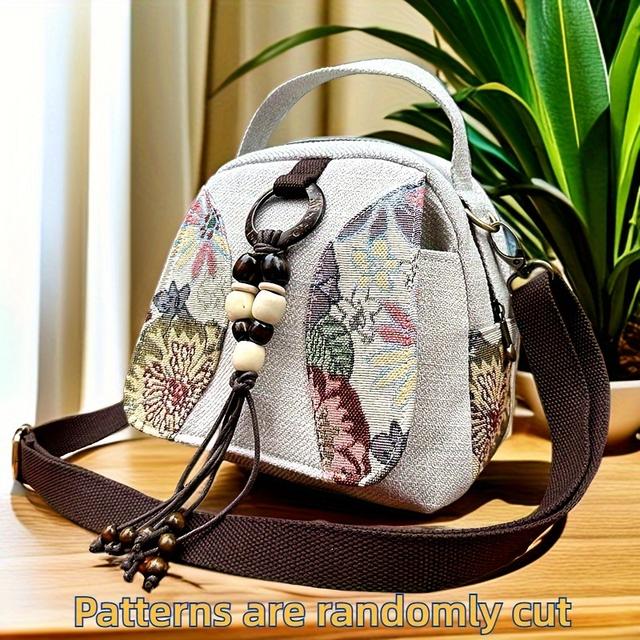 TEMU 구다오벨 핸드메이드 자수 미니 크로스바디 백 - 민족풍 꽃무늬 자수와 비즈 태슬, 조절 가능 & 탈착 가능한 스트랩, 지퍼 클로저, 접을 수 있는 가벼운 원단 여성용, 캐주얼 및 휴가용, 자수 패턴, 다용도 여행 가방, 폴리에스터 안감