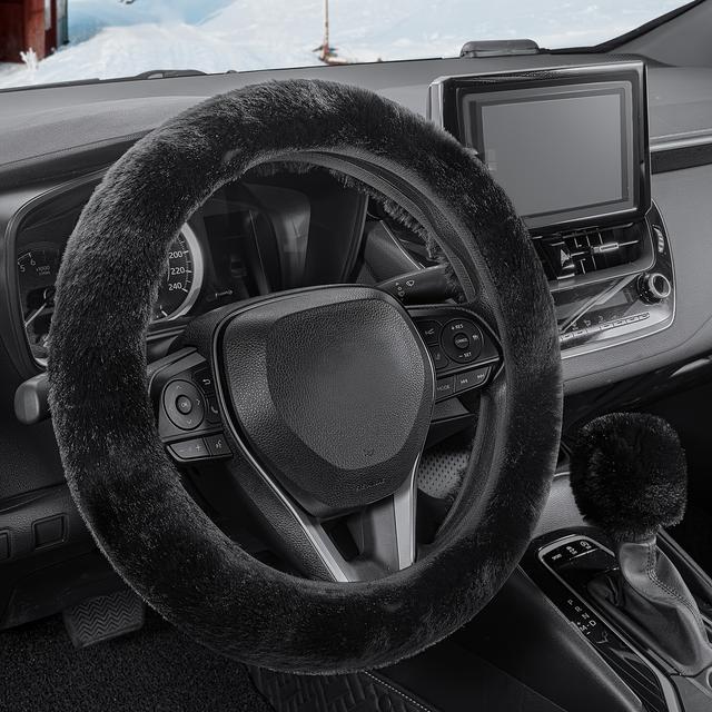 TEMU 2ps Winter Plush Car Steering Wheel Cover, Gear Knob Cover, Elastic Model Universal 14.96inch Car Handle Cover, Universal Gear Knob Cover. Fear Of Cold In Winter!!!