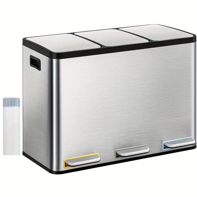 TEMU Lixeira de cozinha em aço inoxidável com pedal colorido e descida silenciosa e lenta de 3 compartimentos de 45 L (3 x 15 L) para classificação de lixo na cozinha.