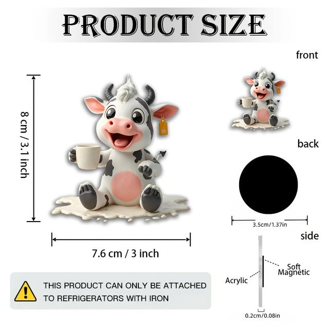 TEMU 1 Aranyos Tehén Mágnes - Akril Hűtőmágnes, Tökéletes Születésnapokra, Gyerekszobákba, Tehén Témájú Partikra - Játékos Tejtermékek Hűtődíszítés, 2D Lapos Stílus, 2D Lapos